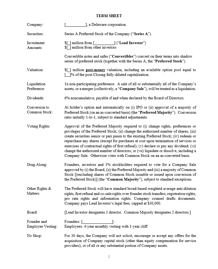 VC Term Sheet Example