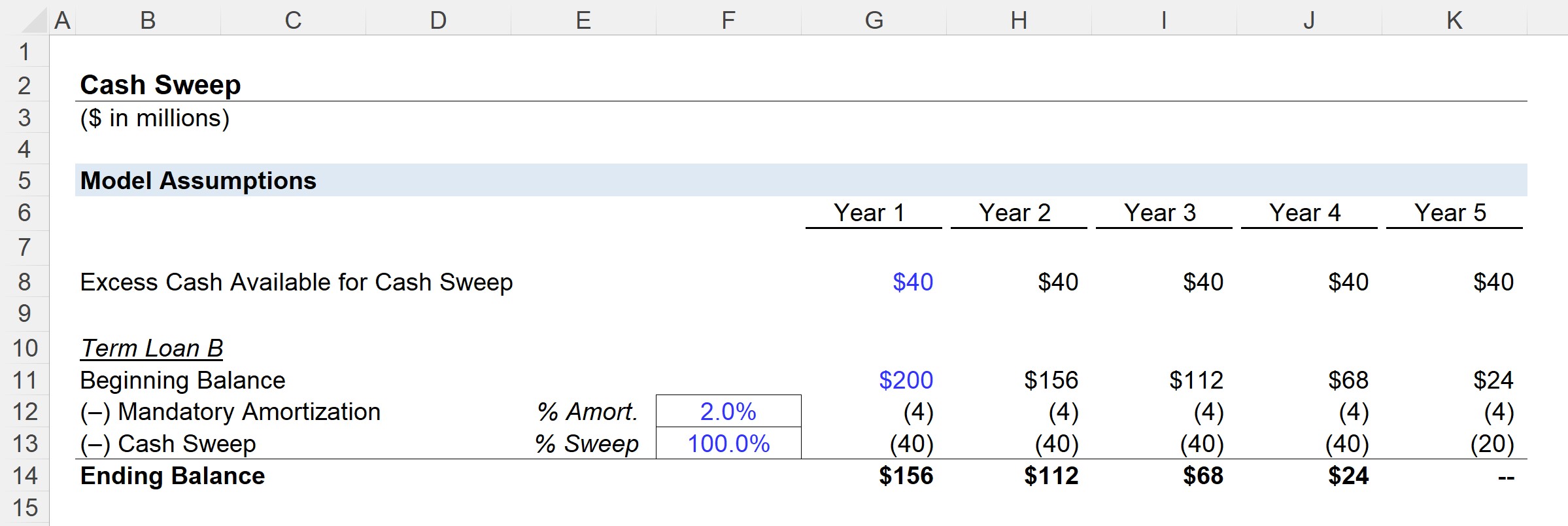 Cash Sweep Model Output