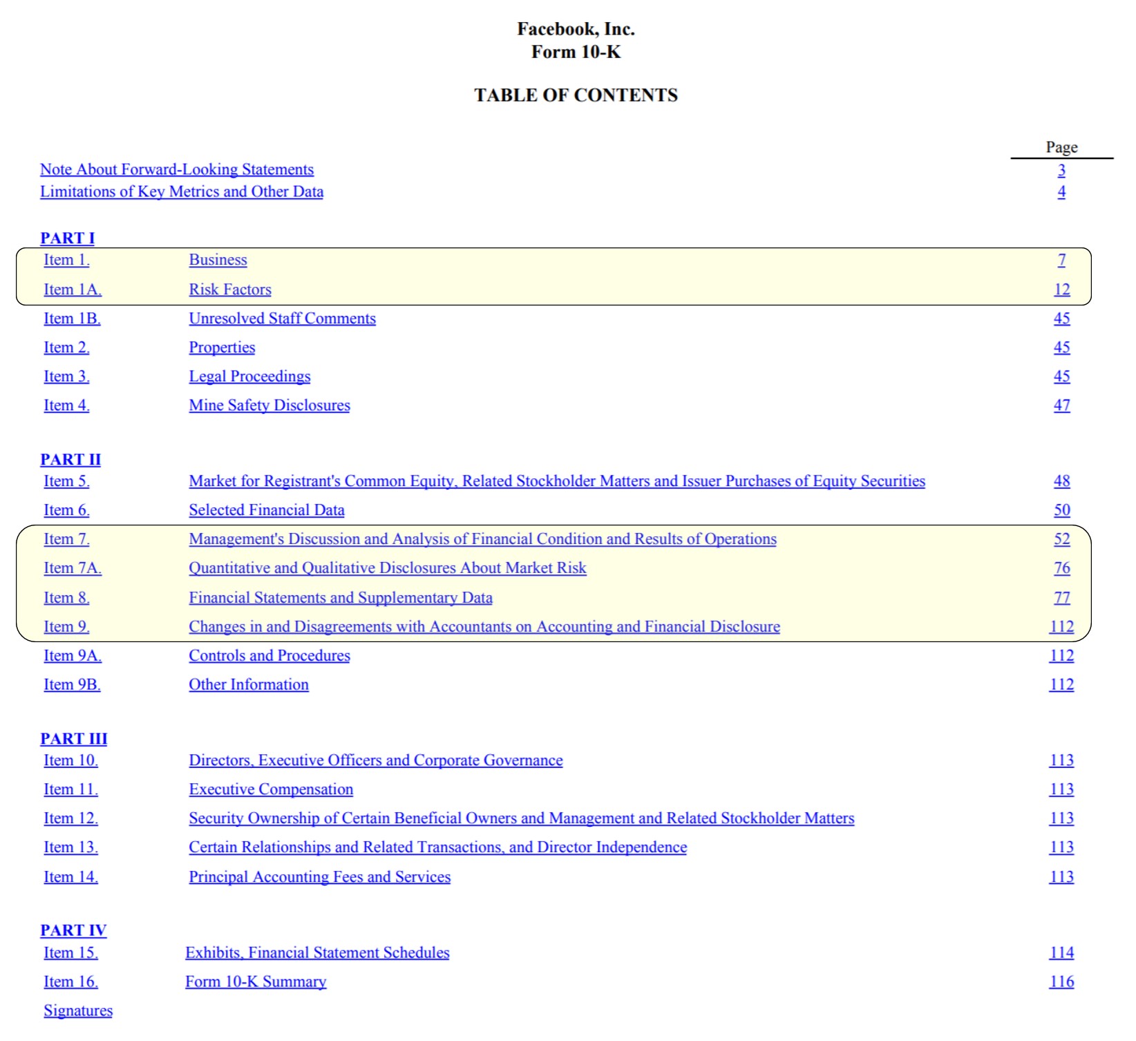 FB Table of Contents