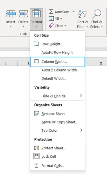 Column Width Selection in Cell Size